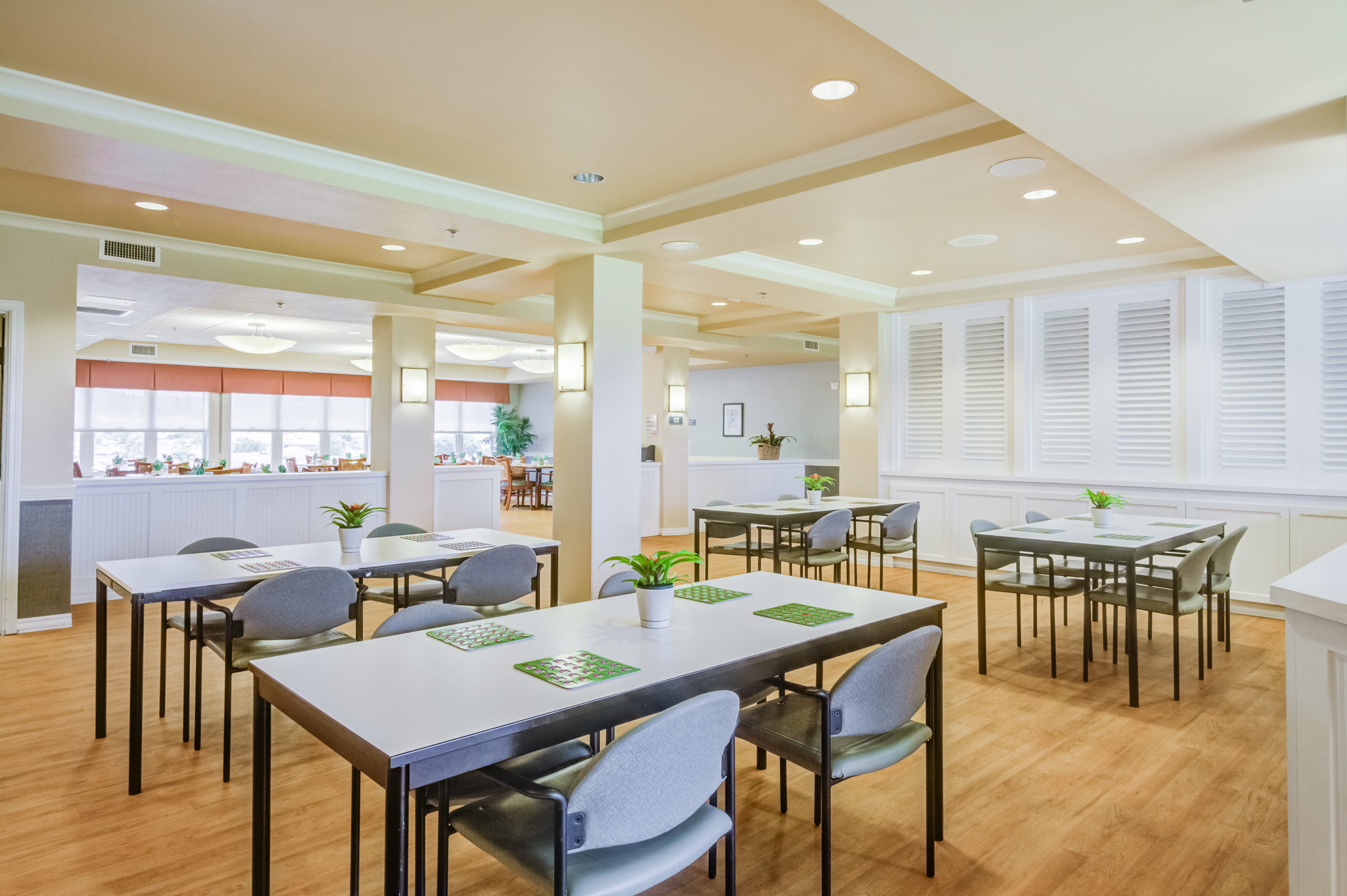 Activity room set up for games and group events at The Plaza Assisted Living.