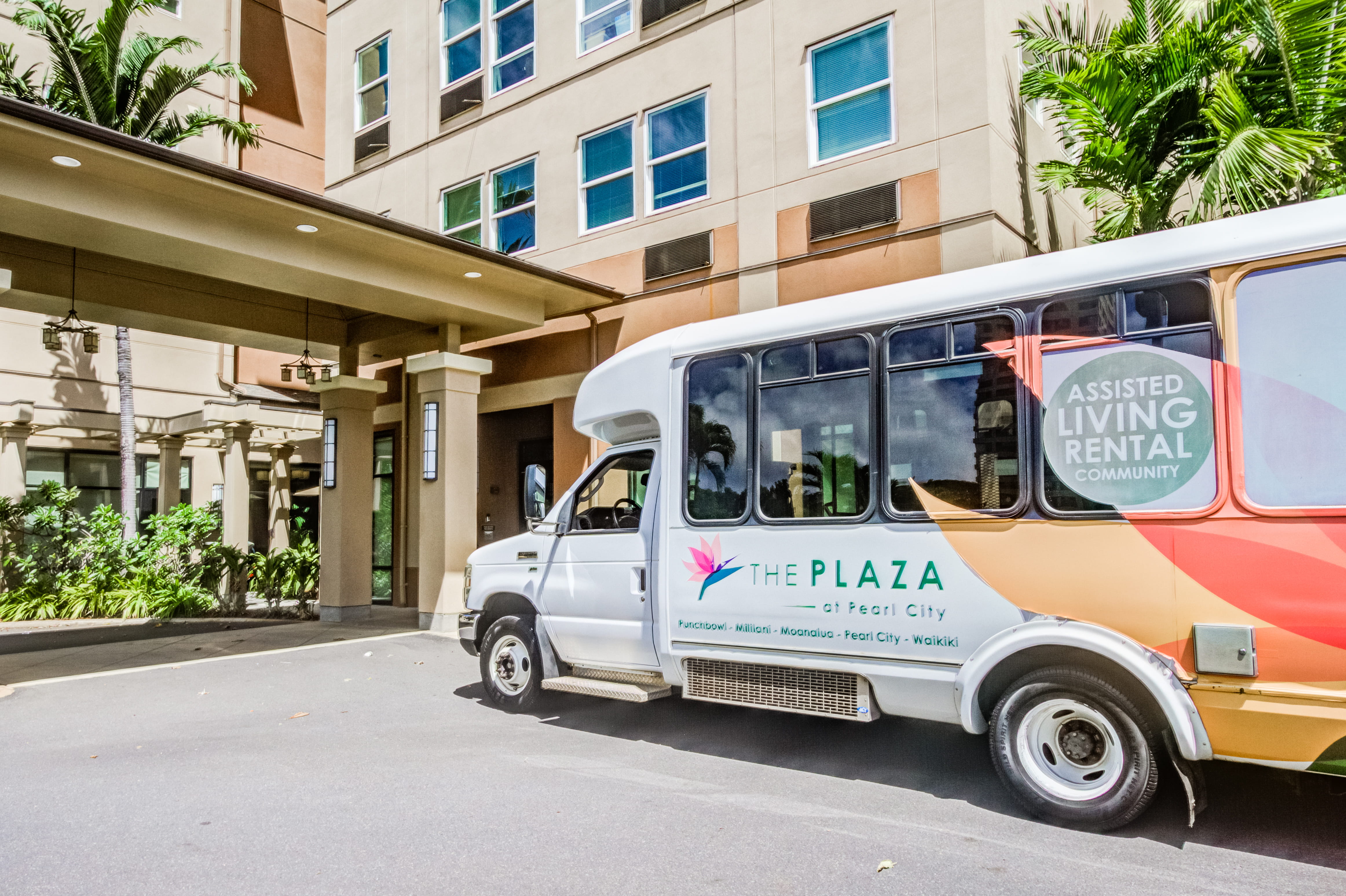 Resident shuttle bus at the plaza assisted living Pearl City.