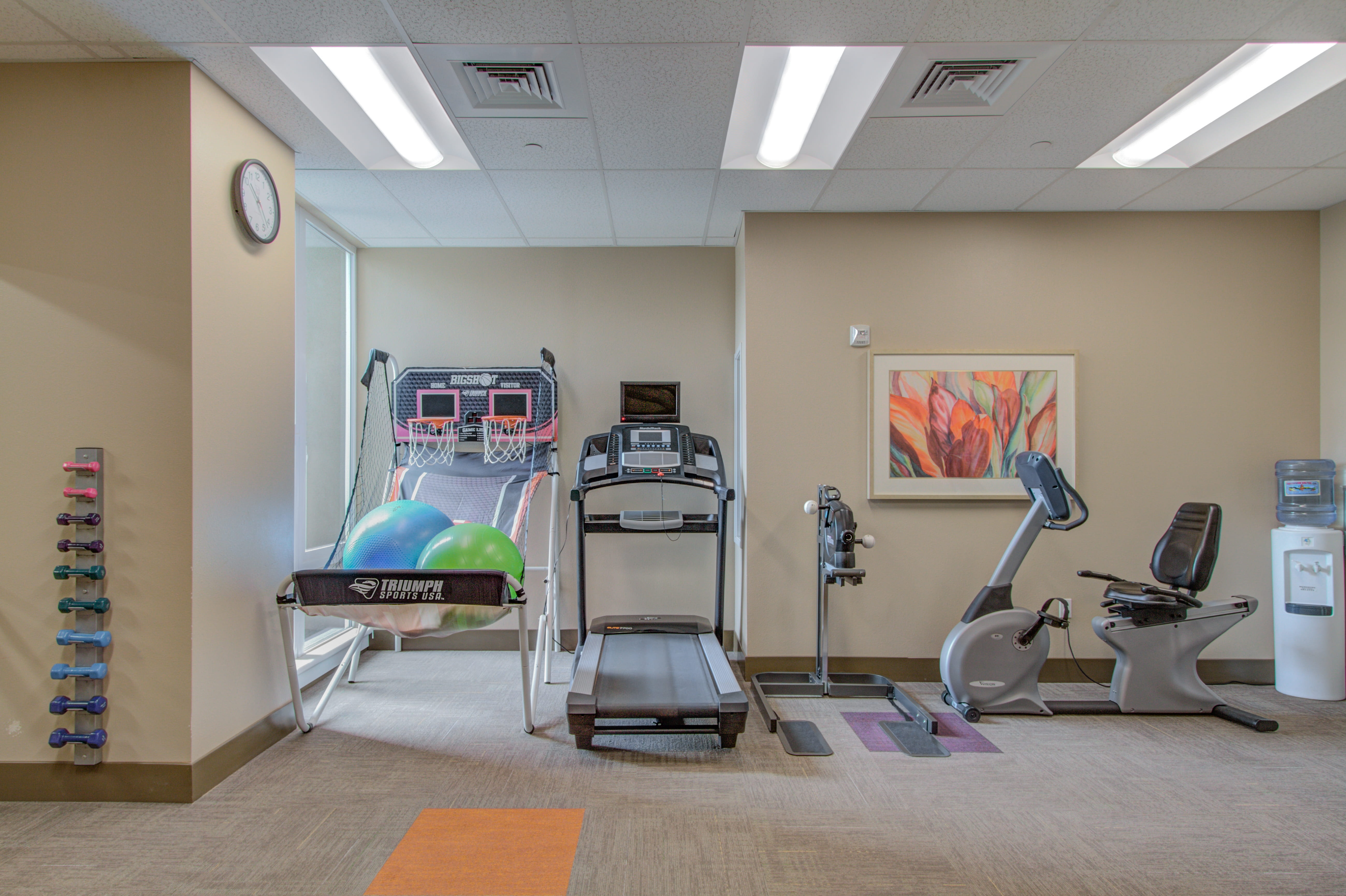 Fitness center with a treadmill, stationary bike, and basketball game.