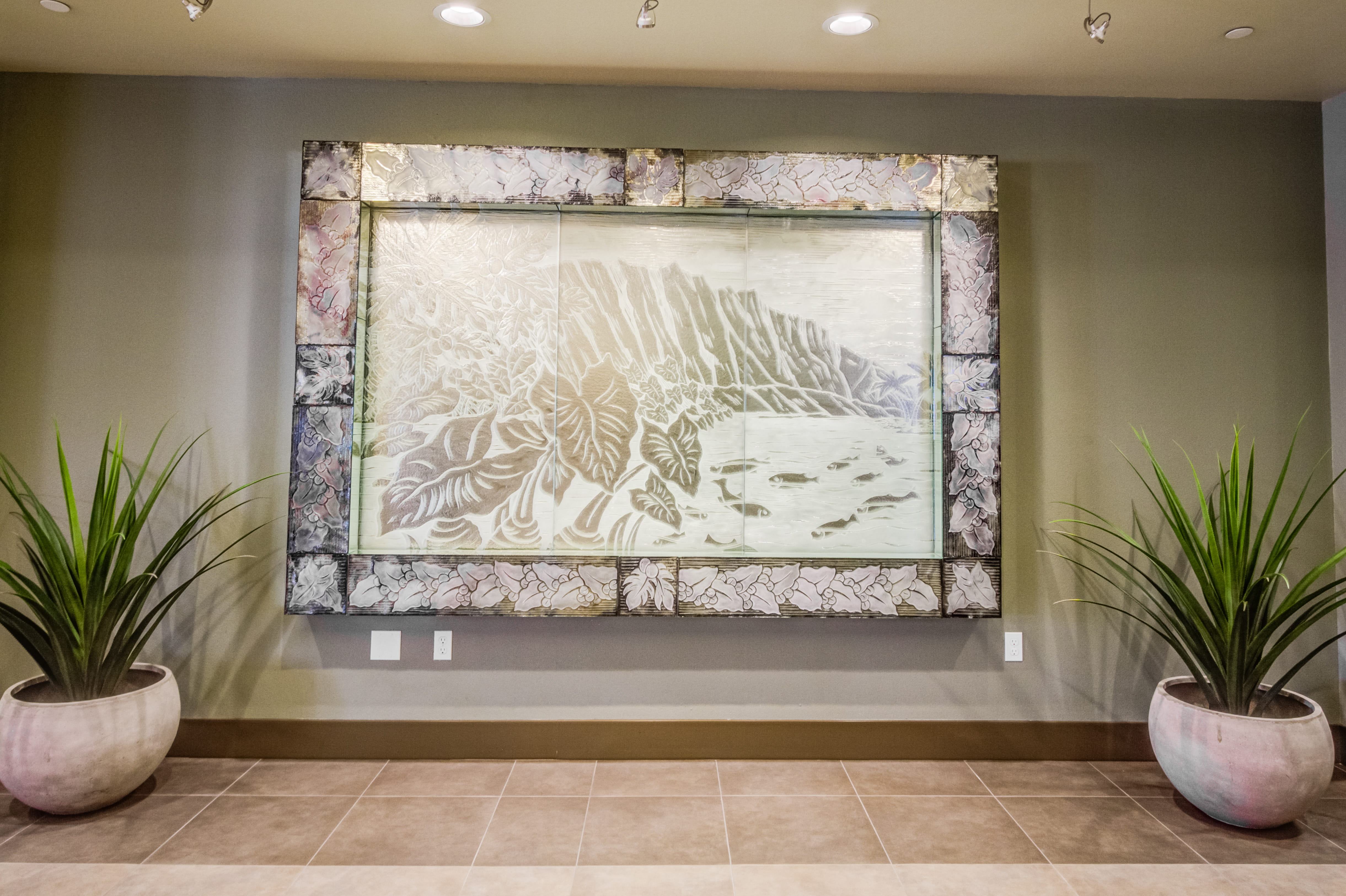 Etched glass artwork at a local senior living facility in Kaneohe.