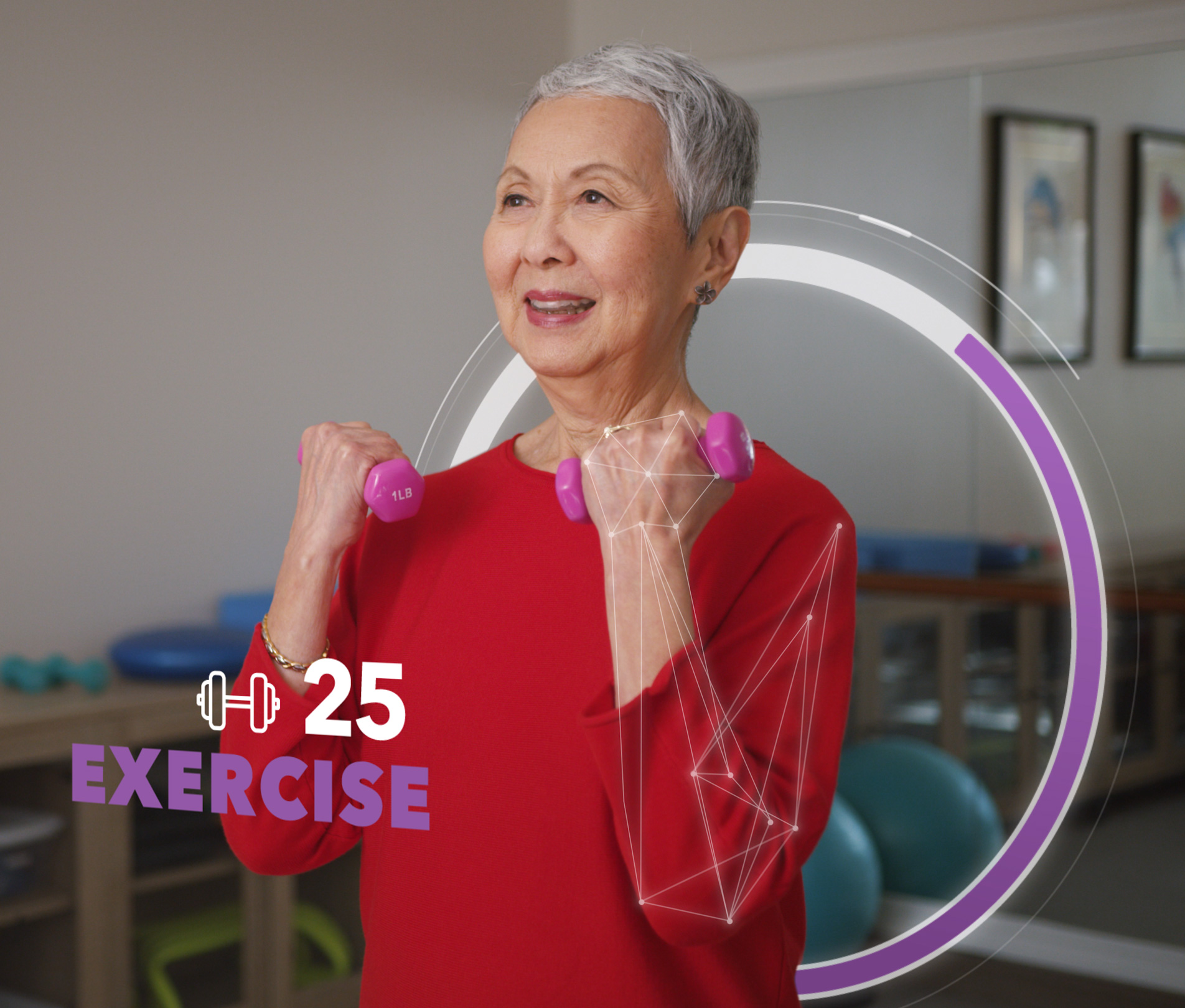 Senior woman exercising with weights and an Exercise wellness graphic.