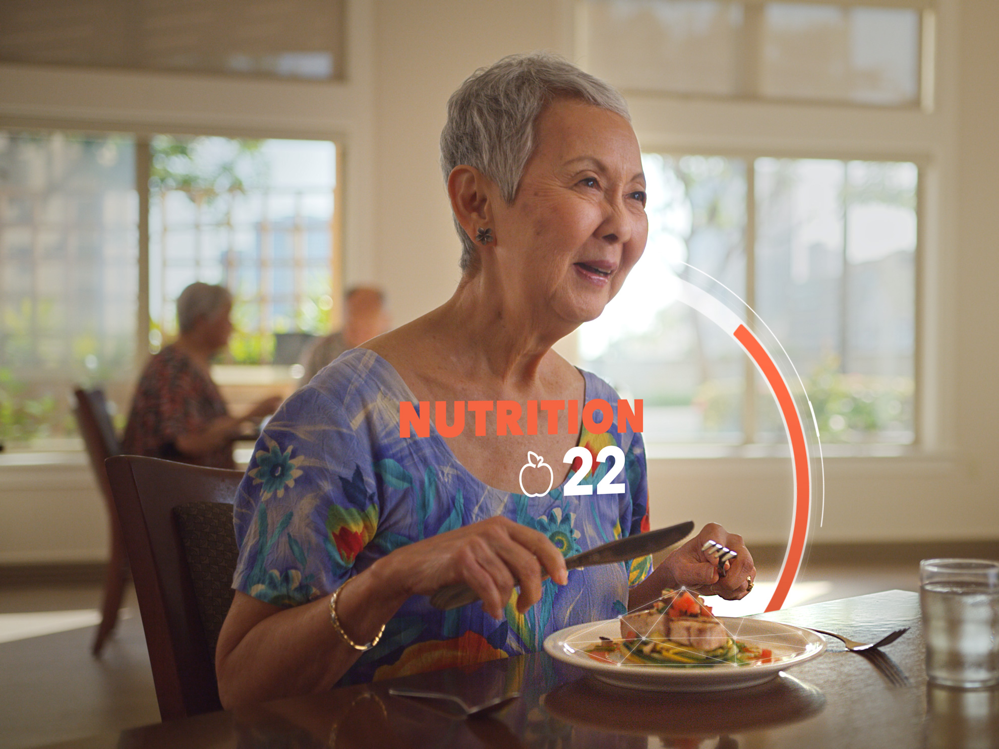 Resident eating a healthy meal with a Nutrition wellness graphic.